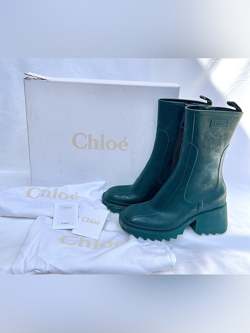 Chloe Betty Dark Emerald Green Rubber Heel Rain Boots Women’s Size 39 US 8